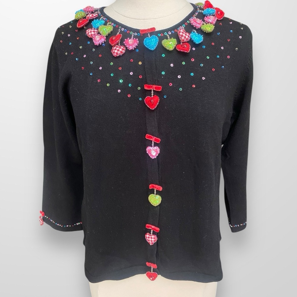 Jack B. Quick Vintage Medium Valentine Hearts‎ Sequin Beaded Cardigan Sweater